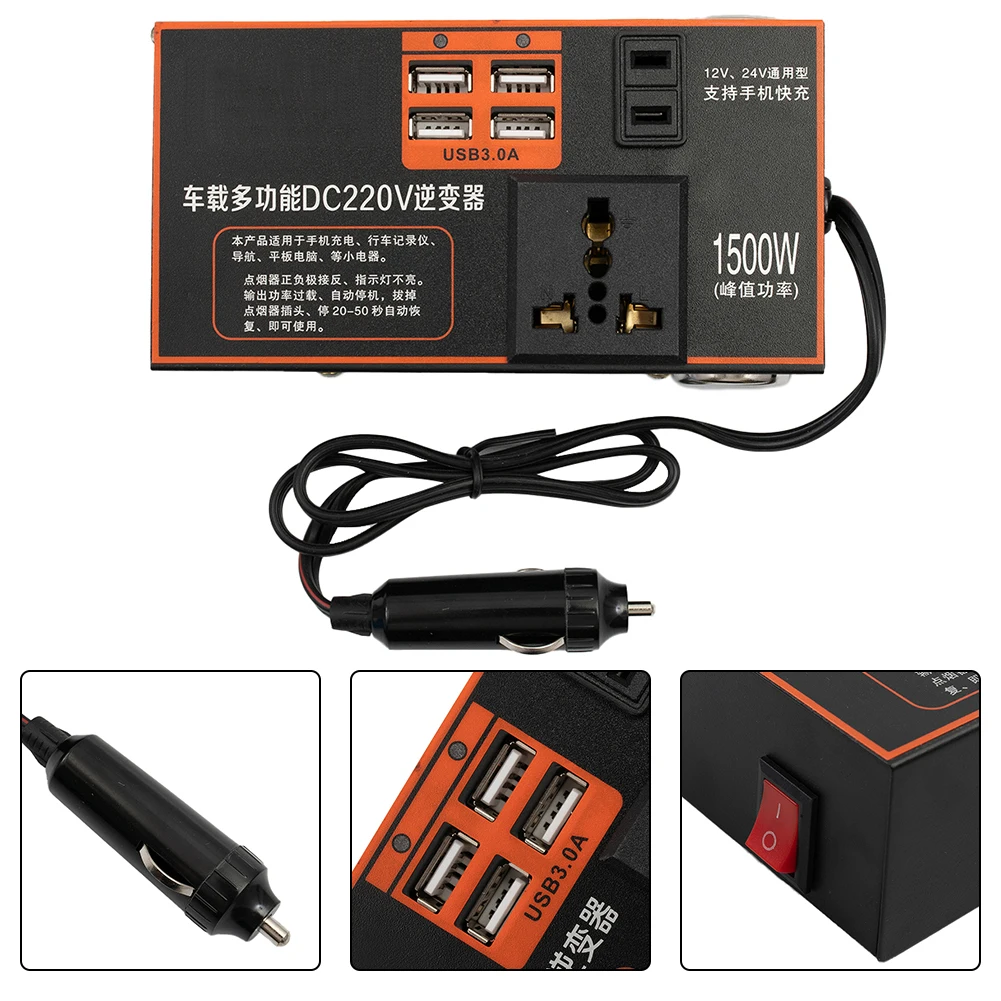 Car Inverter Booster 1500W Peak DC12V/24V To DC 220V Sockets For Car Appliances Power Inverter With 4 USB QC Port
Car Inverter Booster 1500W Peak DC12V/24V To DC 220V Sockets For Car Appliances Power Inverter With 4 USB QC Port
