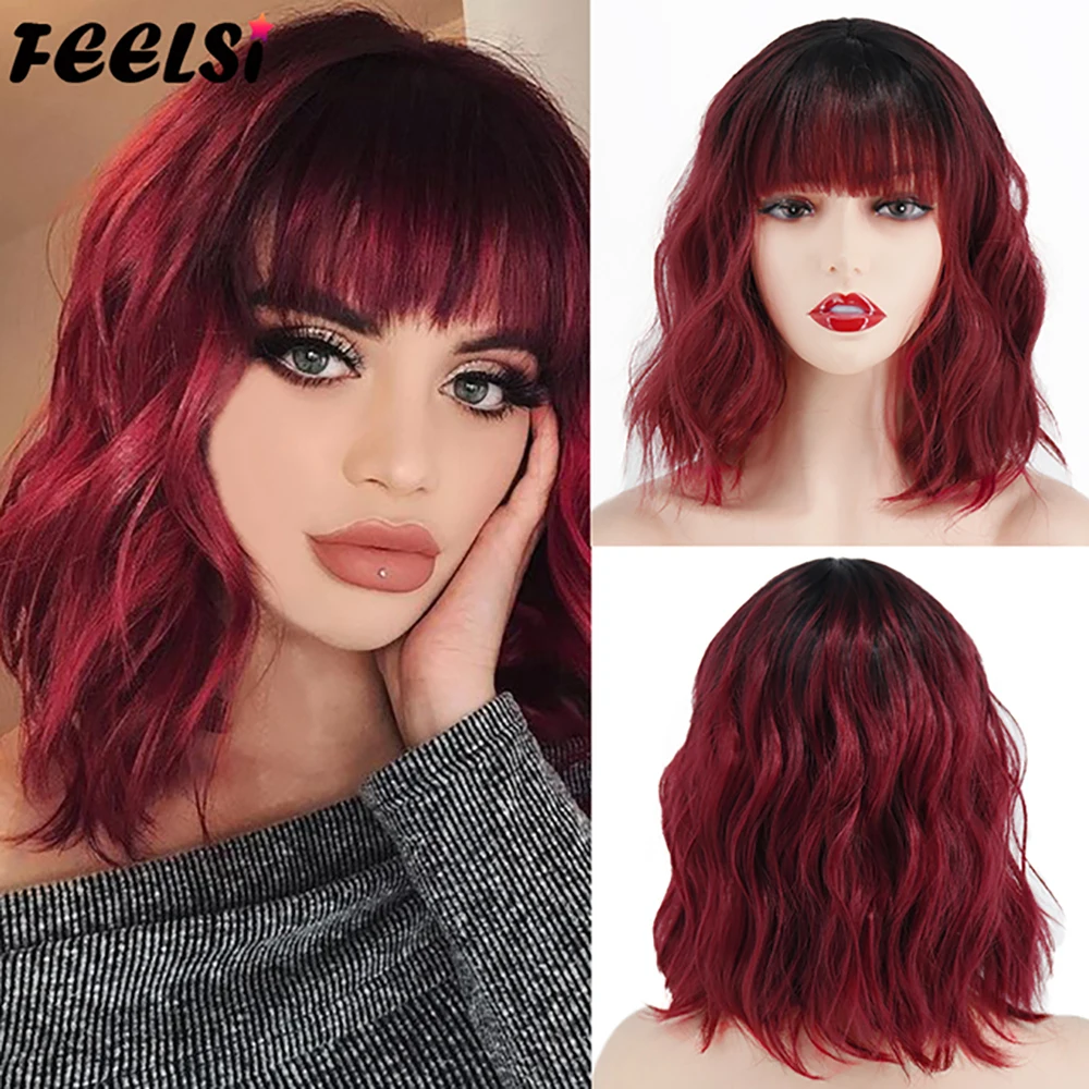 

Black Wine Red Ombre Brown Wave Bob Wigs Blond for Women Natural Bangs Heat Resistant Wavy Synthetic Wig Daily wear Cosplay Curl