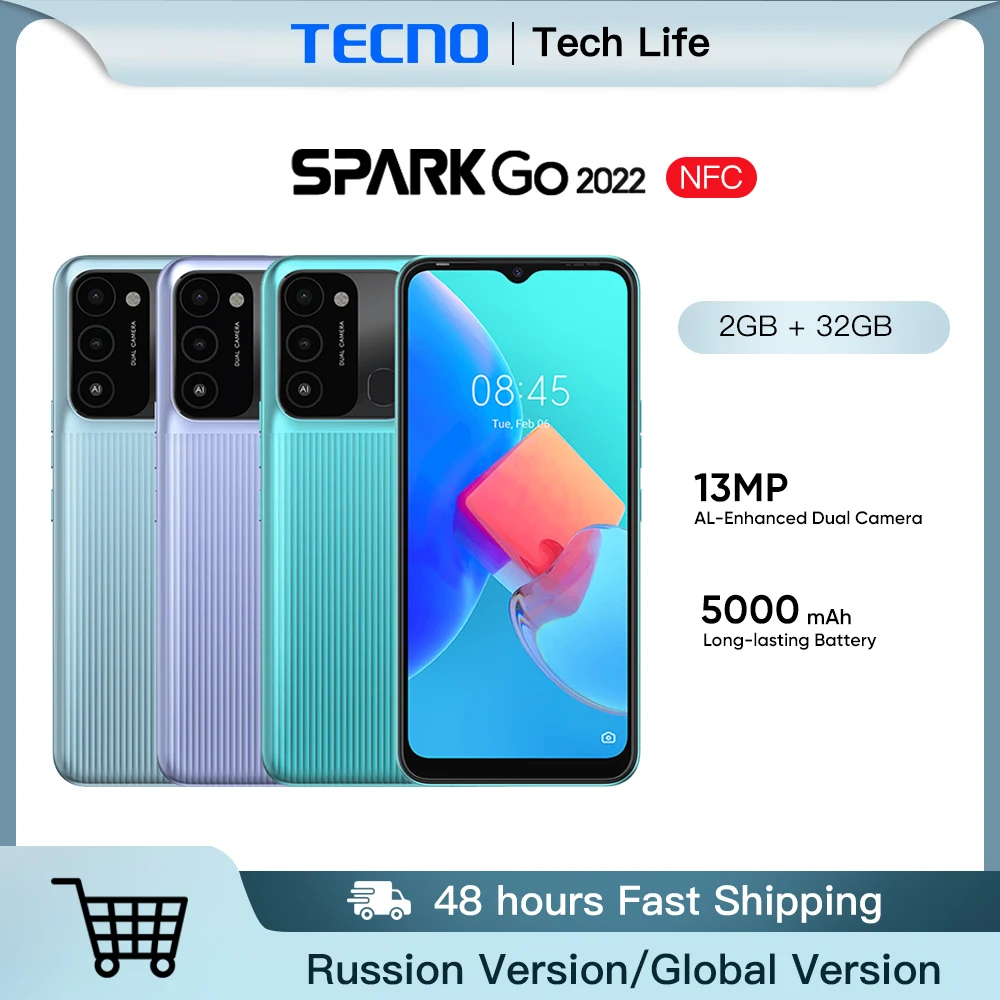 

Original TECNO SPARK Go 2022 Smartphone Helio A22 Mobile Battery 5000mAh Phones 2+32GB 6.52HD+D 8MP NFC Global RU Version NEW