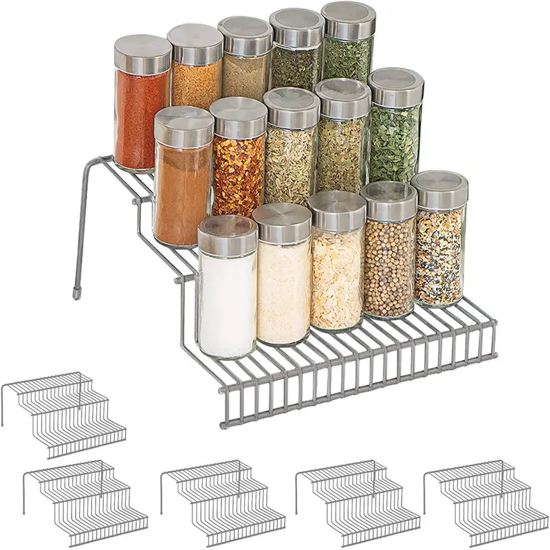 

3-Tier Spice Rack Shelf Organizer - Set of 6 - Steel Metal Wire - Rust Resistant - Cupboard, Jars, Can, Cabinet and Pantry Stora