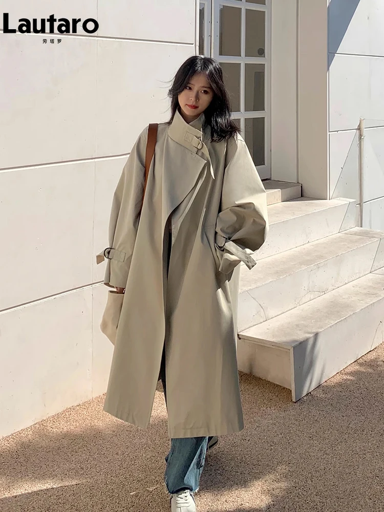 

Lautaro Autumn Cool Chic Long Oversized Khaki Trench Coat for Women Luxury Designer Clothes 2023 Runway European Fashion