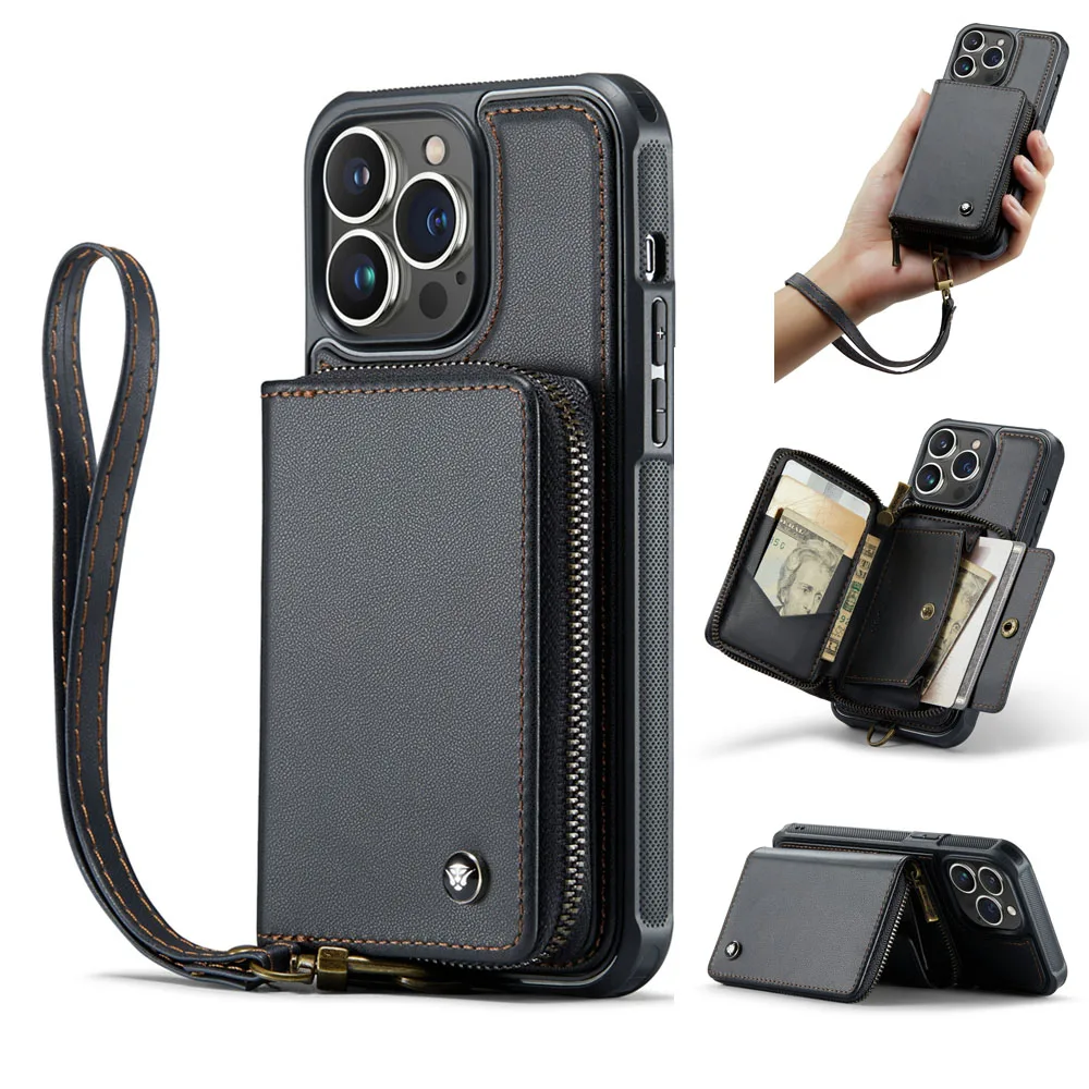 

JEEHOOD Luxury Hand Strap Zipper Wallet Leather Phone Case For iPhone 11 12 13 14 Pro Max 14 Plus with Kickstand Card Cash Slots