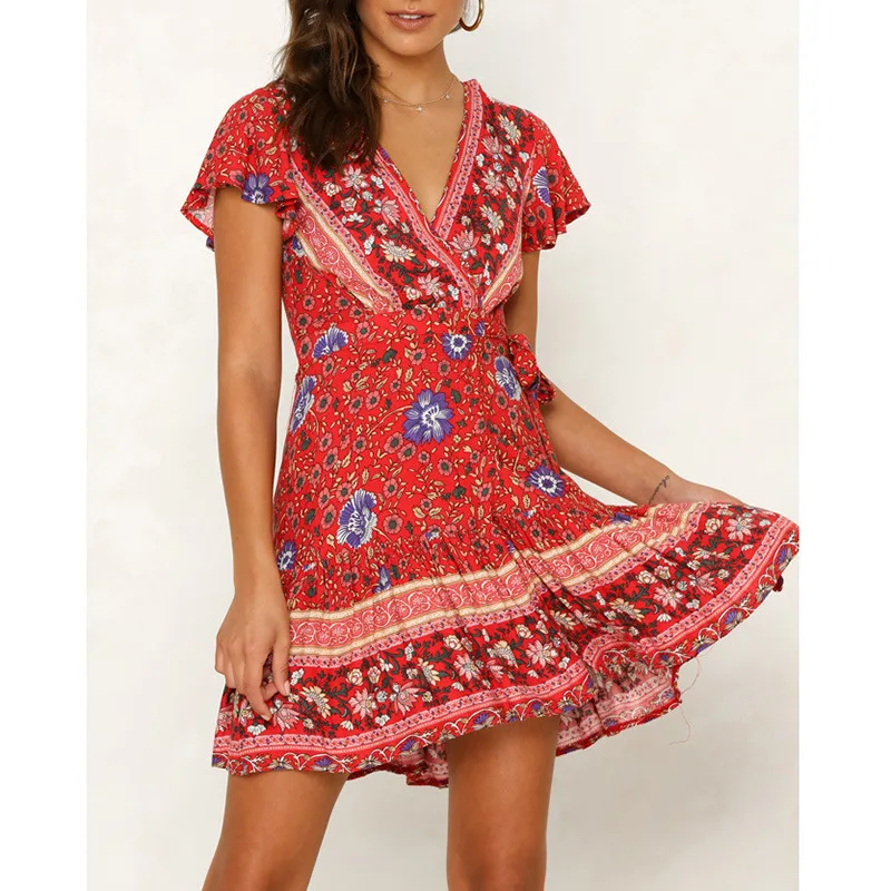 Summer and Spring Women's V-neck Short-sleeved Women's Skirt Lace-up Cotton High-waisted Large-swing Skirt Floral Print Dress
Summer and Spring Women's V-neck Short-sleeved Women's Skirt Lace-up Cotton High-waisted Large-swing Skirt Floral Print Dress