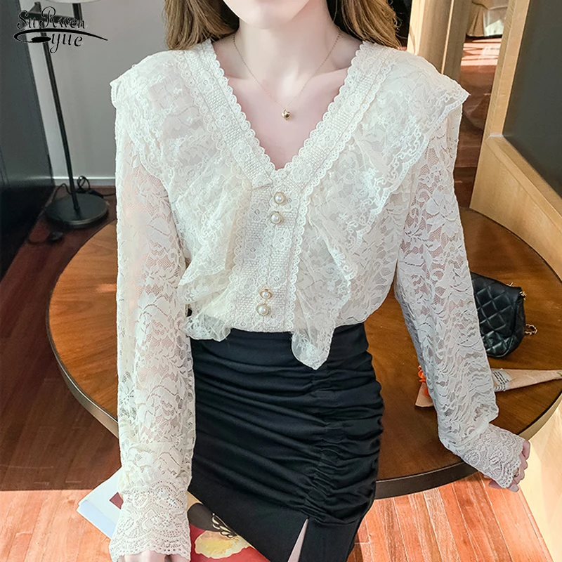 2023 French V-neck Elegant Office Lady Ruffles Shirts Woman Hollow Flower Lace Blouse Spring Blouse Long Lace Sleeves Tops 18760
2023 French V-neck Elegant Office Lady Ruffles Shirts Woman Hollow Flower Lace Blouse Spring Blouse Long Lace Sleeves Tops 18760