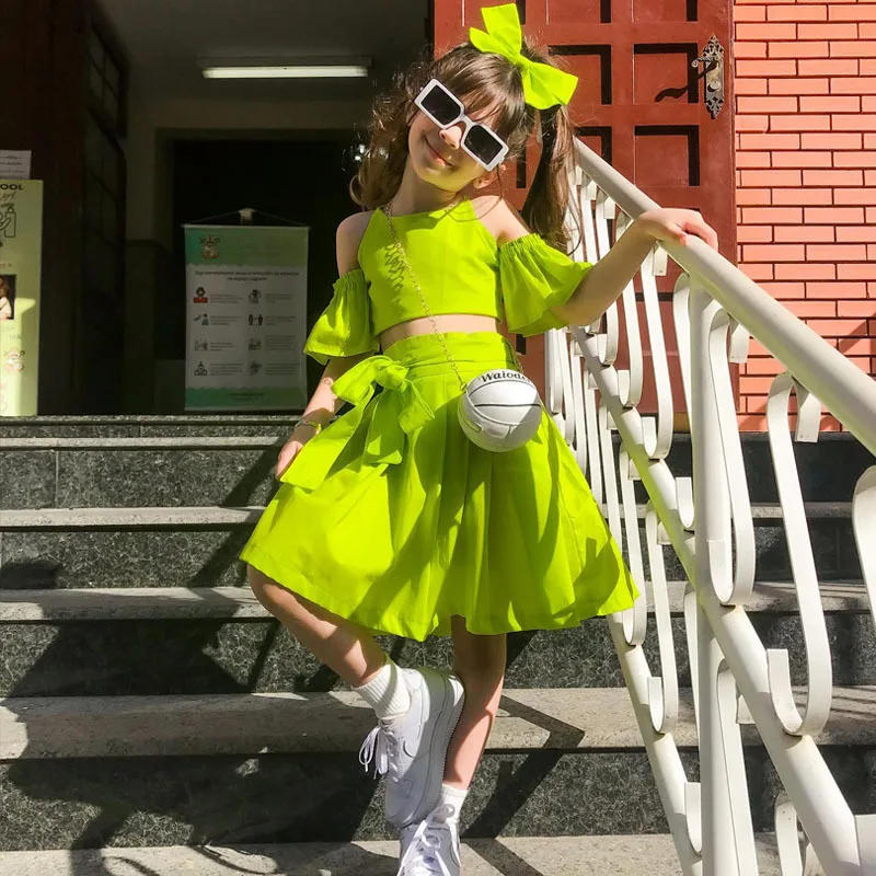 

2023 New Children Two Piece Sets Neon Green Top+Skirts Tracksuits Boutique Kids Clothes Cute Y2K Beach Style Sets For Girls 1-8Y