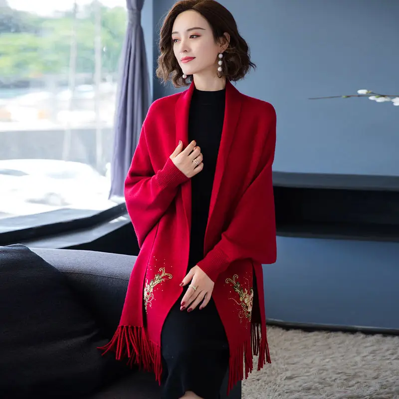 Women knitted shawl poncho mid-length cardigan cheongsam cashmere scarf dual-use cape women autumn and winter coat female tops
Women knitted shawl poncho mid-length cardigan cheongsam cashmere scarf dual-use cape women autumn and winter coat female tops