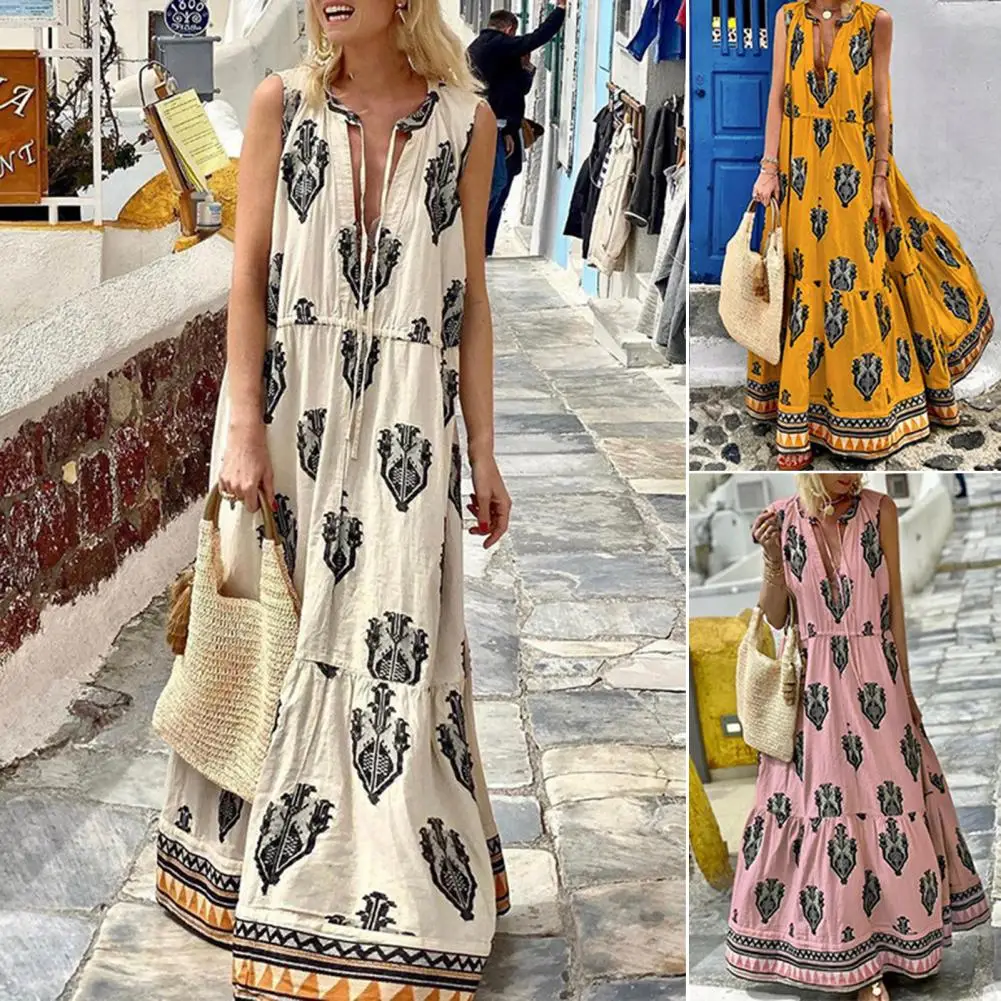 Summer Deep V-Neck Front Lace-up Sleeveless Dress Women Vintage Graphic Print Large Hem Bohemia Maxi Dress Female Clothes
Summer Deep V-Neck Front Lace-up Sleeveless Dress Women Vintage Graphic Print Large Hem Bohemia Maxi Dress Female Clothes