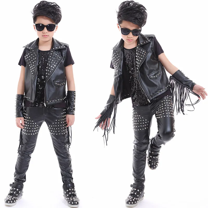 Boys Hip Hop Dance Jazz Stage Costumes For Kids Studded Black Leather Pants Jacket Vest Stage Performance Wear Clothes DNV10045
Boys Hip Hop Dance Jazz Stage Costumes For Kids Studded Black Leather Pants Jacket Vest Stage Performance Wear Clothes DNV10045