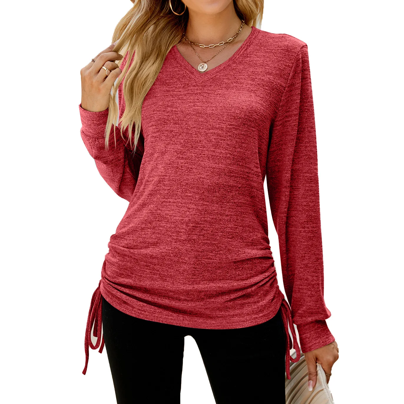 Autumn and winter 2023 new solid color V-neck pleated long-sleeved loose t-shirt shirt white
Autumn and winter 2023 new solid color V-neck pleated long-sleeved loose t-shirt shirt white