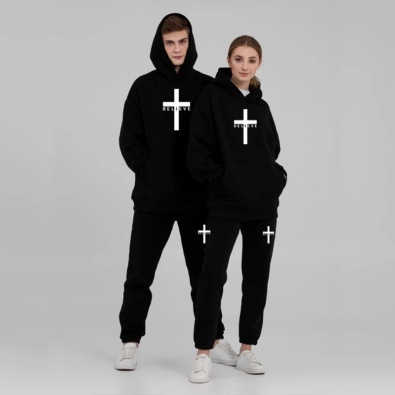 

Men's Fashion Printed Believe Jesus Christianity Hooded Tracksuits Autumn Winter Hoodie + Pants 2-piece Pullover Athletic Sets