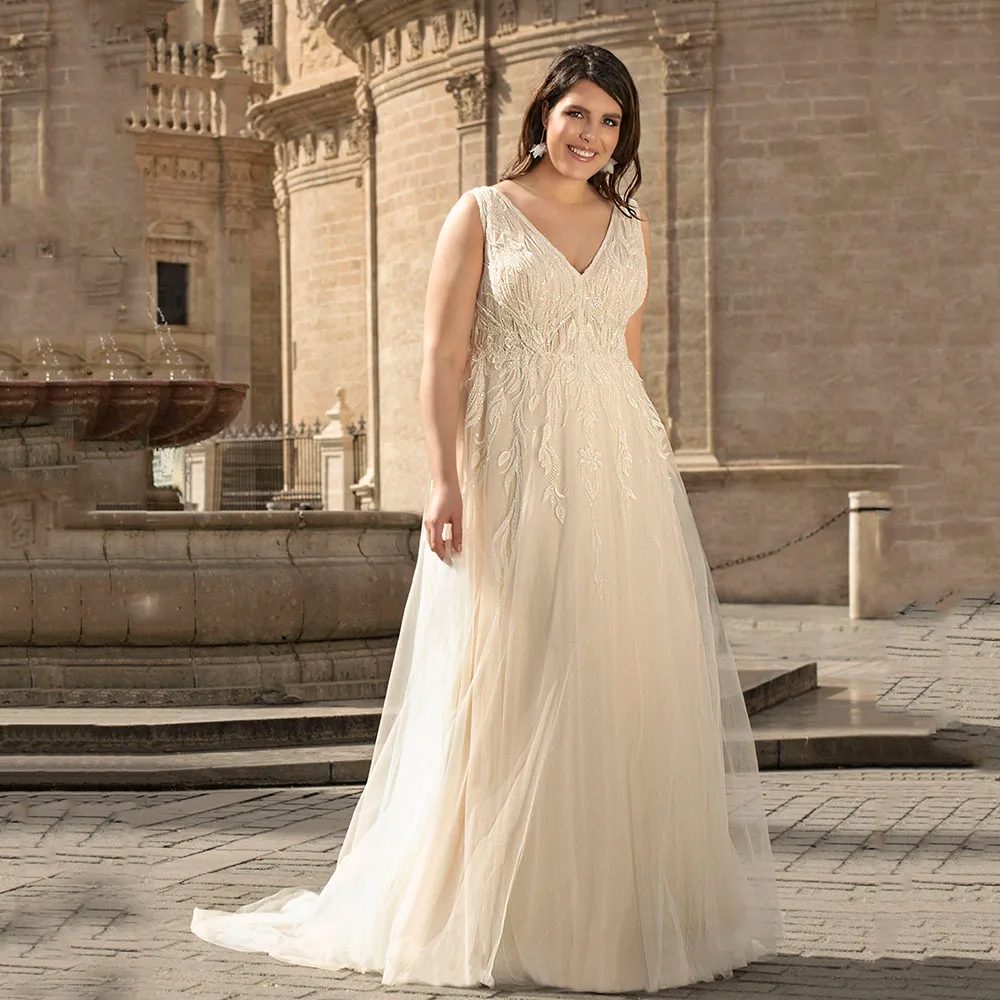 Pastrol Plus Size Wedding Dresses For Women Tulle V-Neck Sleeveless Bride Gown Lace Applique A-Line Sweep Train Vestido De Novia
Pastrol Plus Size Wedding Dresses For Women Tulle V-Neck Sleeveless Bride Gown Lace Applique A-Line Sweep Train Vestido De Novia