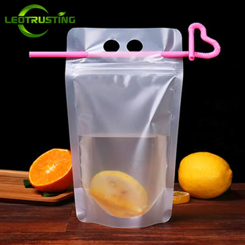 

100pcs Bags + 100pcs Straw 250ml-500ml Frosted Plastic Drinking Beverage Bag Party Wedding Fruit Juice Milk Tea Portable Pouches