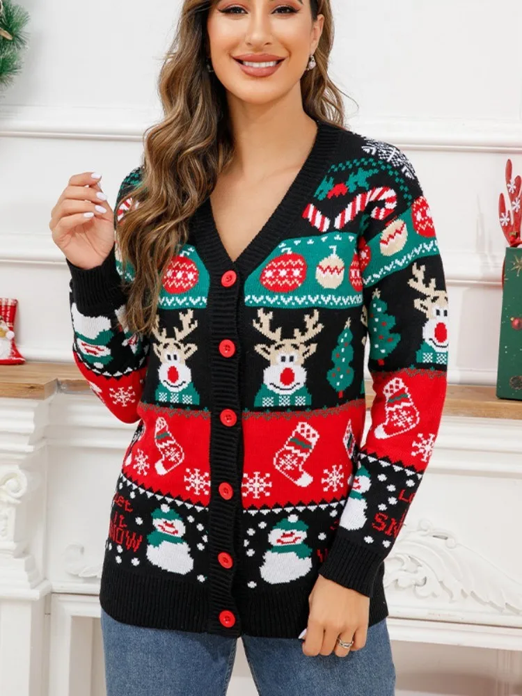 V-neck Jacquard Christmas Sweater Women 2023 Winter Long Sleeved Loose Single Breasted Knitted Cardigan Female AF0017
V-neck Jacquard Christmas Sweater Women 2023 Winter Long Sleeved Loose Single Breasted Knitted Cardigan Female AF0017
