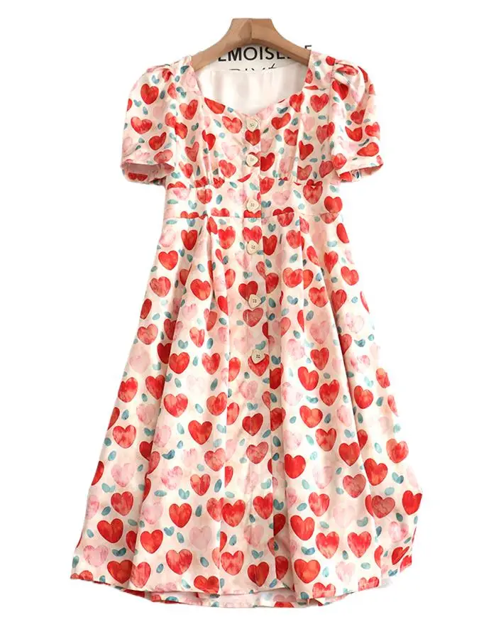 Summer Cotton New Vintage Heart Printed Long Dress V-Neck Sweet Puff Sleeve High Waist Elegant Prairie Chic Vestidos
Summer Cotton New Vintage Heart Printed Long Dress V-Neck Sweet Puff Sleeve High Waist Elegant Prairie Chic Vestidos