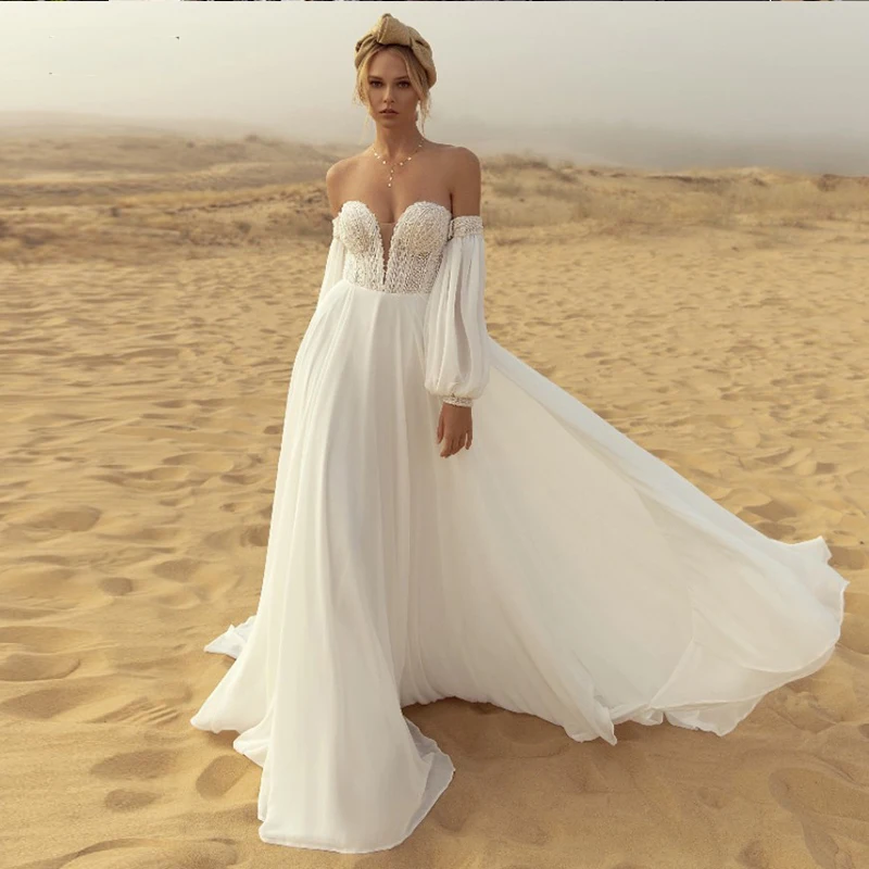 Beach Sweetheart Wedding Dress 2022 Puff Sleeves Bridal Gown Appliques Lace Chiffon Sweep Train Elegant Robe De Mariée For Women
Beach Sweetheart Wedding Dress 2022 Puff Sleeves Bridal Gown Appliques Lace Chiffon Sweep Train Elegant Robe De Mariée For Women