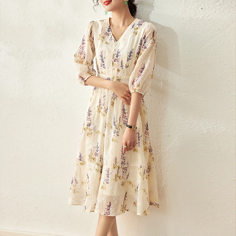 P00160# EAEOVNI Paris Celebrity Style Women's Summer Dress Embroidery Printing V-neck Three Quarter Sleeves Long Skirt
P00160# EAEOVNI Paris Celebrity Style Women's Summer Dress Embroidery Printing V-neck Three Quarter Sleeves Long Skirt