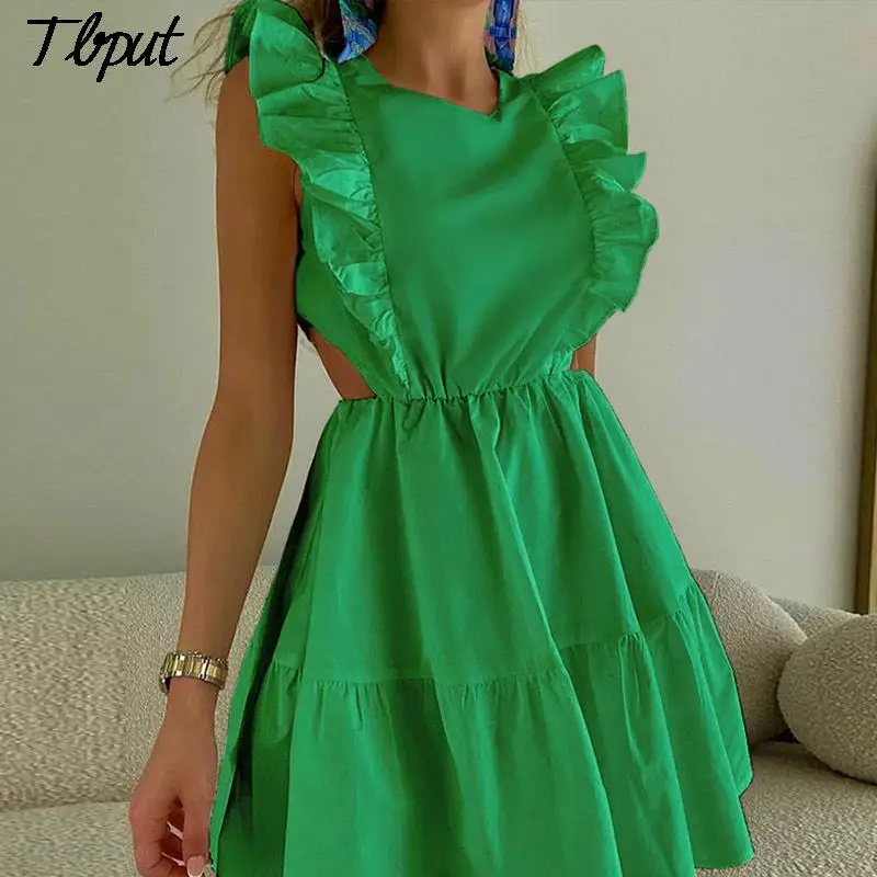Women Summer Sexy Sleeveless Ruffled Waist Side Hollow Out Mini Dress Female Casual Solid Round Neck Pleated A-line Cotton Dress
Women Summer Sexy Sleeveless Ruffled Waist Side Hollow Out Mini Dress Female Casual Solid Round Neck Pleated A-line Cotton Dress