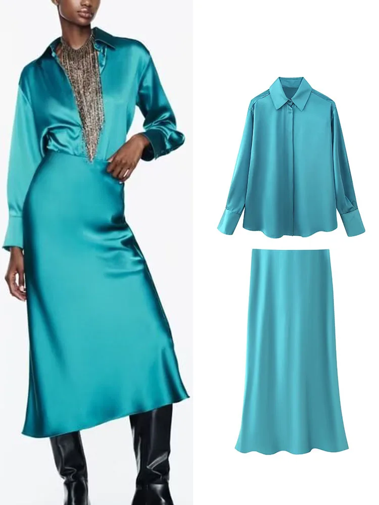 TRAF 2023 Long Sleeve Blouse and Skirt 2 Piece Sets Women's Elegant Shirt Midi Commuting Dress Suit Office Lady Solid Outfits 
TRAF 2023 Long Sleeve Blouse and Skirt 2 Piece Sets Women's Elegant Shirt Midi Commuting Dress Suit Office Lady Solid Outfits