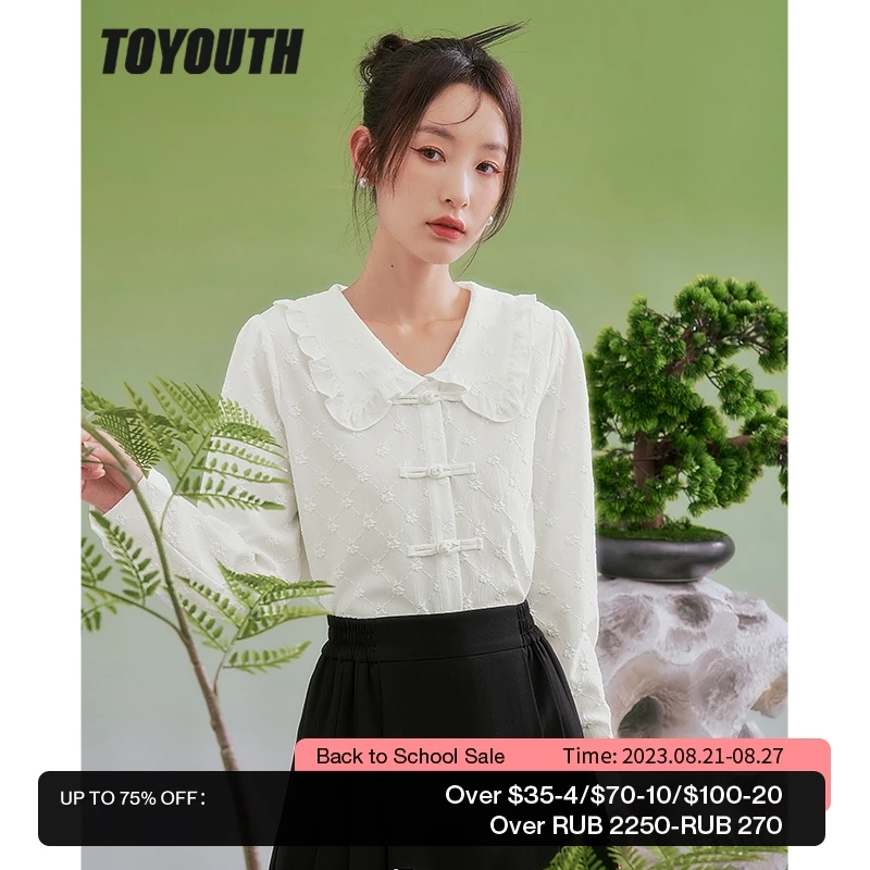 

Toyouth Women Shirts 2022 Autumn Long Sleeve Petal Collar Blouse Jacquard Button Design Chic Casual Streetwear Tops