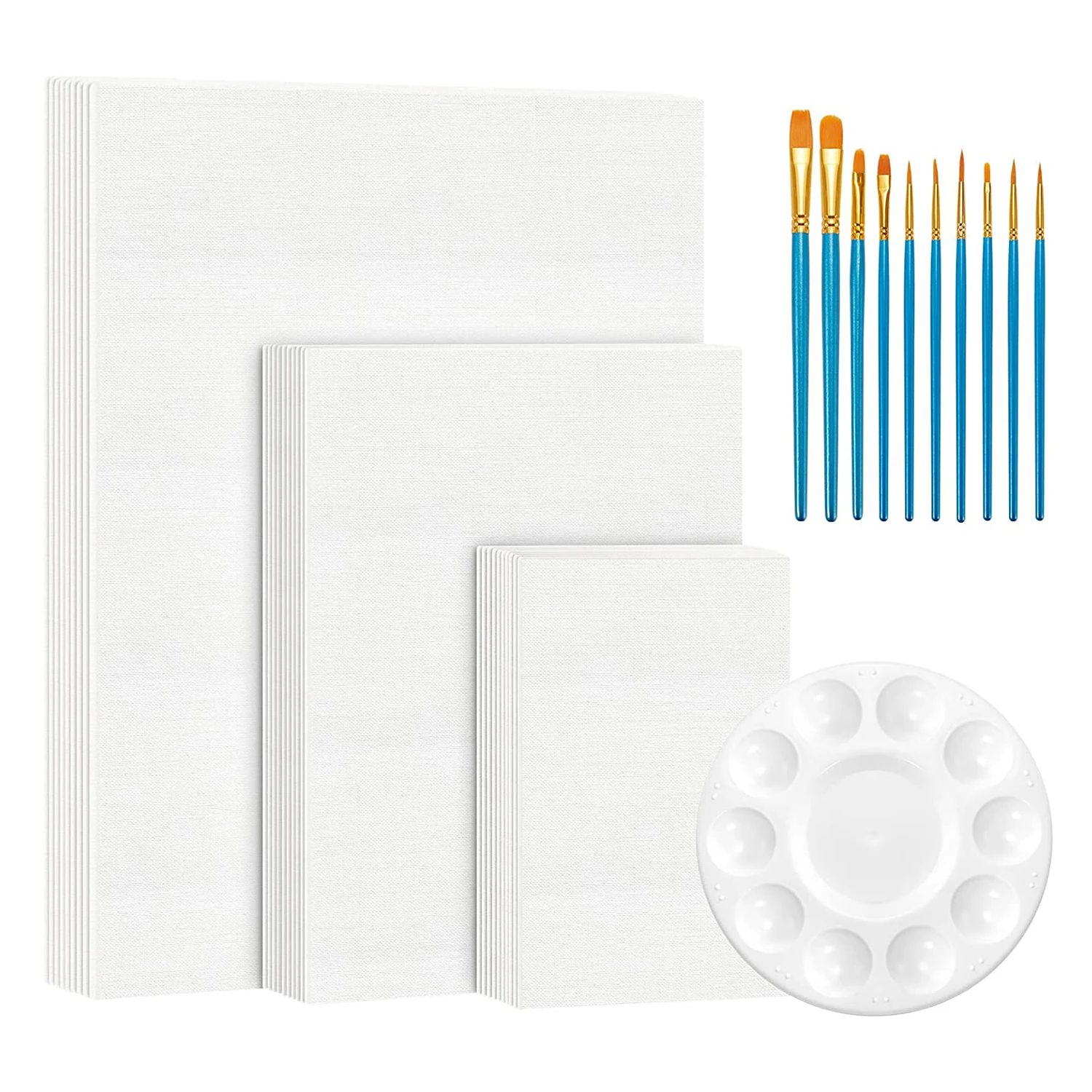 41 Pack Canvas Panels, 5x7", 8x10", 11x14" Set of 30, 100% Cotton Artist Canvas Boards with 10 Fiber Paint Brush and A Palette
41 Pack Canvas Panels, 5x7", 8x10", 11x14" Set of 30, 100% Cotton Artist Canvas Boards with 10 Fiber Paint Brush and A Palette