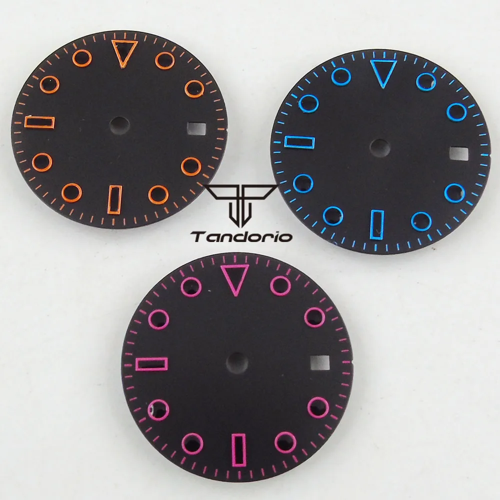 28.5mm Black Sterile Watch Dial Blue/Pink/Orange Markers Fit for ETA2824 2836 Miyota 8215 821A 8205 Mingzhu2813 3804 Movement
28.5mm Black Sterile Watch Dial Blue/Pink/Orange Markers Fit for ETA2824 2836 Miyota 8215 821A 8205 Mingzhu2813 3804 Movement