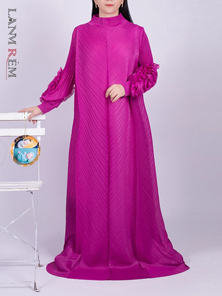 

LANMREM Oversize Pleated Dress Round Neck Spliced Fungus Full Sleeve Long Dresses For Women 2023 New Spring Clothes 2Q1331