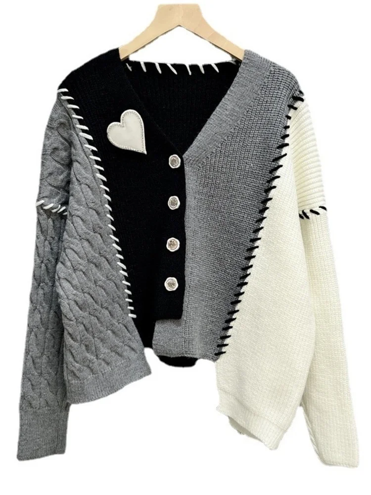 

Streetwear style Woman Sweater Coat Hit Color Knitted irregular Cardigans 2022 Autumn Long Sleeve V-neck Knitwear Outwear G999