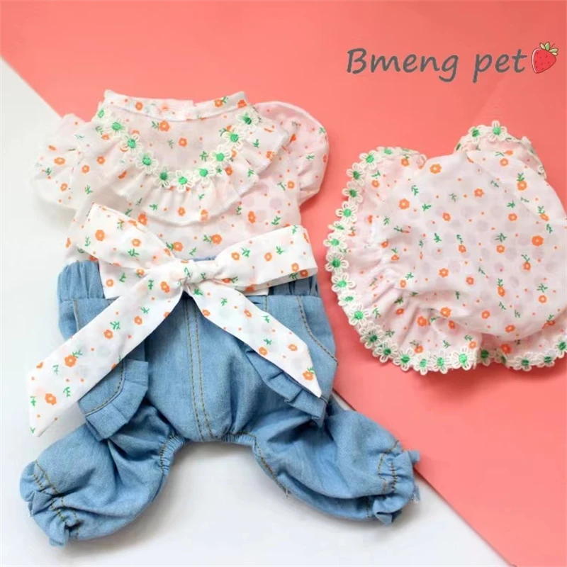 

Floral Jeans Dog Clothes Spring Summer Sun Hat Cute Suspender Pants Poodle Chihuahua Yorkshire Fashion Bowknot Puppy Cat Coat