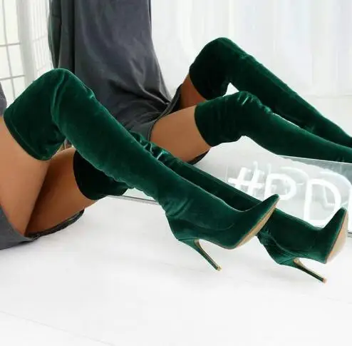 

Cheap Green Burgundy Blue Velvet Pointed Toe Slim Thigh Long Boots Women Sexy Thin High Heels Skinny Over The Knee Botas Size 34