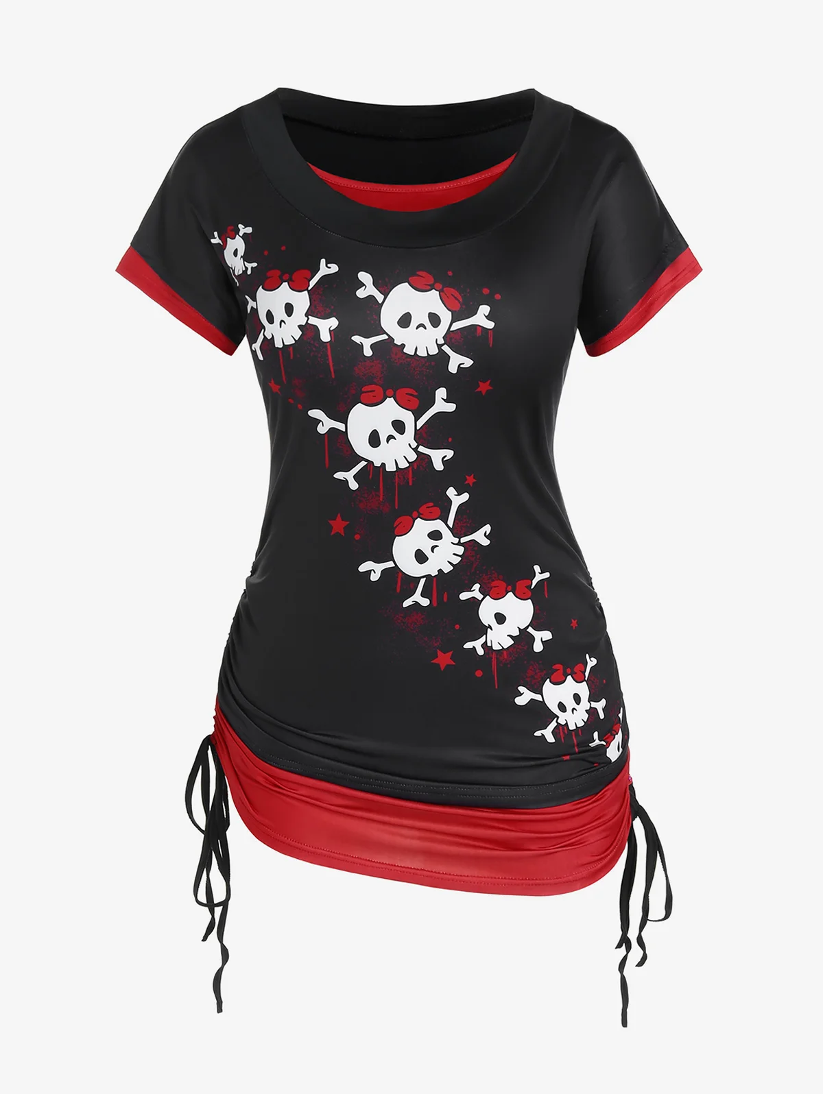 

ROSEGAL Gothic Skull Print Cinched 2 In 1 Tees For Women Summer Short Sleeve Scoop Neck Bowknot Shirring Faux Twinset Top 4XL