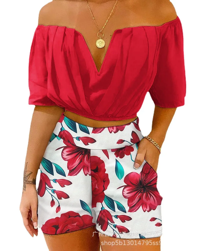 Strapless Short-sleeved Two Piece Set for Women Suit Red One-word Collar Summer New Printed Shorts + Navel 2022 New Top Set
Strapless Short-sleeved Two Piece Set for Women Suit Red One-word Collar Summer New Printed Shorts + Navel 2022 New Top Set