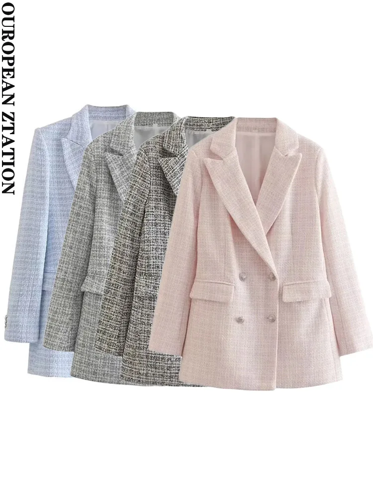 

PAILETE Women 2022 fashion double breasted tweed check blazers coat vintage long sleeve flap pockets female outerwear chic veste