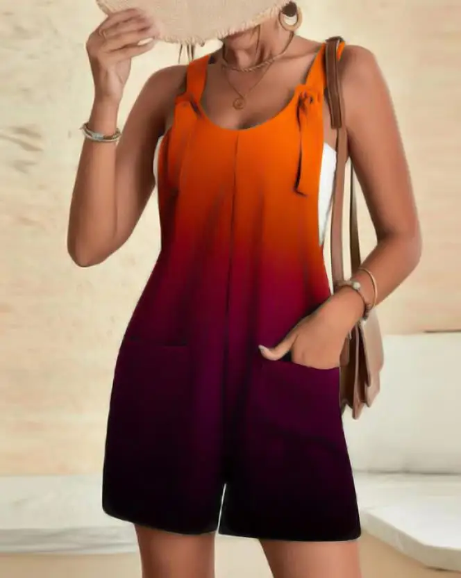 

Jumpsuit Women 2023 Summer New Fashion Casual Sleeveless Square Neck Ombre Pocket Design Tied Detail Romper Commuter Versatile