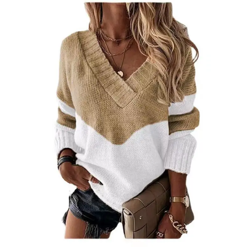 New autumn and winter pullover v-neck loose sweater color matching women's knitted sweater street hipster
New autumn and winter pullover v-neck loose sweater color matching women's knitted sweater street hipster