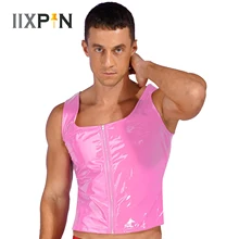 Mens Fashion Zipper Patent Leather Tank Top Wet Look U Neck Sleeveless Vest for Club Pole Dancing