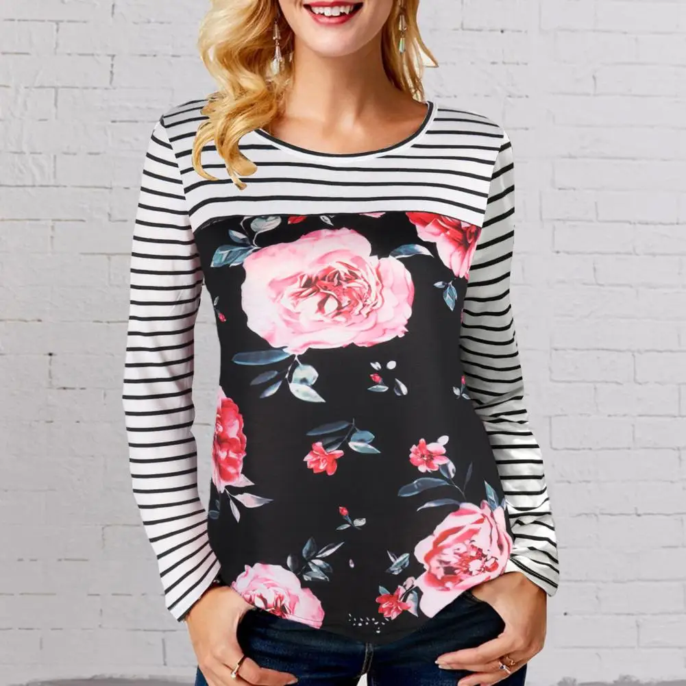 Popular Tee Shirt Stretchy Anti Pilling Women Blouse Floral Pattern Striped Stitching Simple T-shirt
Popular Tee Shirt Stretchy Anti Pilling Women Blouse Floral Pattern Striped Stitching Simple T-shirt