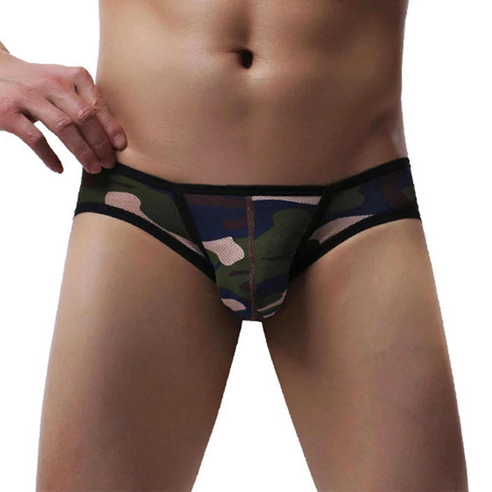 

Men Sexy Bikini Briefs Bulge Pouch Underwear Camouflage Panties Man Low-rise Underpant Male Sexy Breathable Mesh Knickers