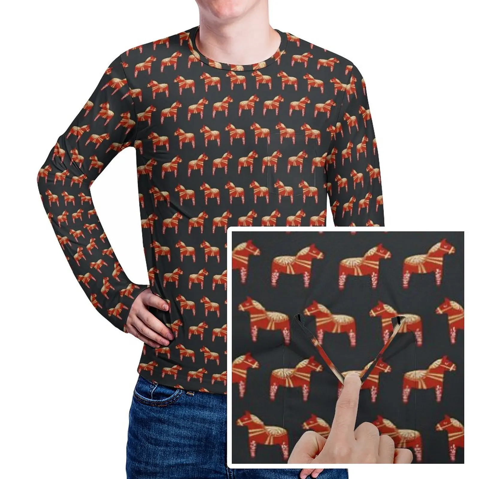 

Dala Horse Christmas T-Shirt With Pocket Animals Print Novelty T Shirts Man EMO Tshirt Long Sleeve Custom Tees Plus Size