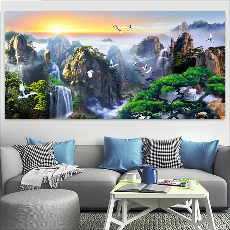 

Framed Mountain Forest Waterfall Decorative Painting Sunset By The Sea Wall Art Posters Canvas Paintings Living Room Home Decor