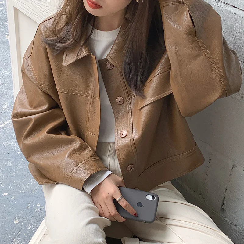 Jackets Turn-down Collar Clothing Korean Pocket Pu Leathe Single Breasted Outerwear Solid Short Coat Women
Jackets Turn-down Collar Clothing Korean Pocket Pu Leathe Single Breasted Outerwear Solid Short Coat Women