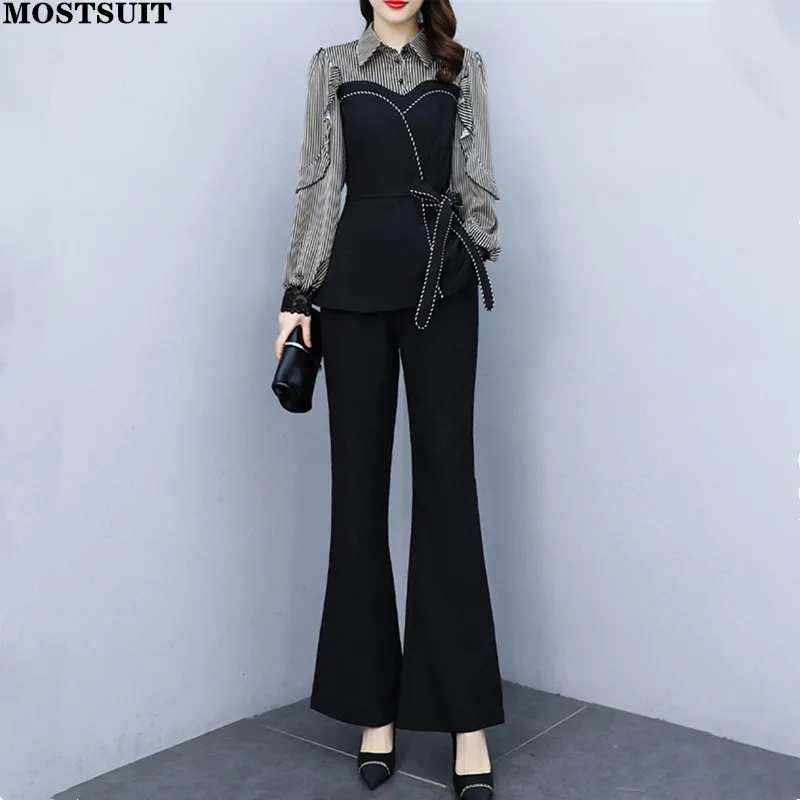 

Black Workwear Two Piece Pant Sets Women Striped Patchwork Belted Tops & Flare Pants Outfits Ol Style Fashion Pant Set