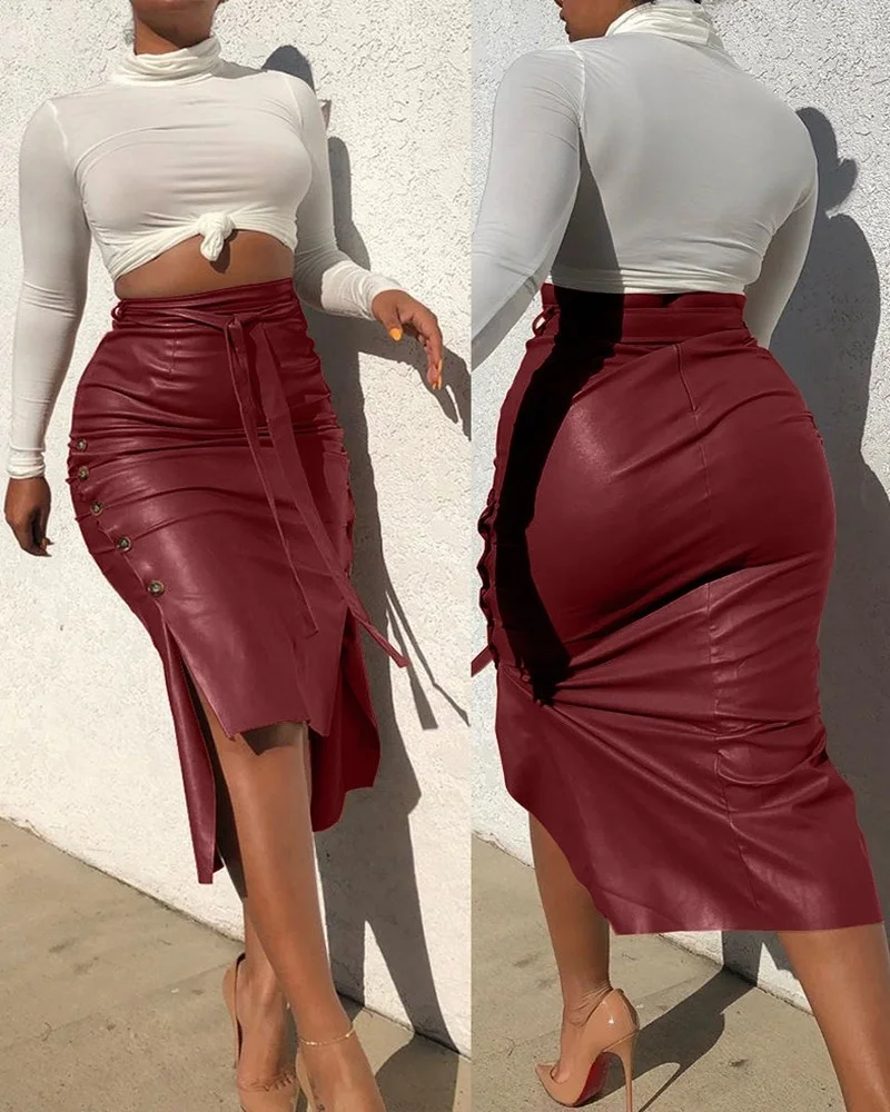 2022 Women's Half Skirt Leather Zipper Split Middle Length Hip Button Skirt Female Fashion Cool Solid Color Skirt
2022 Women's Half Skirt Leather Zipper Split Middle Length Hip Button Skirt Female Fashion Cool Solid Color Skirt