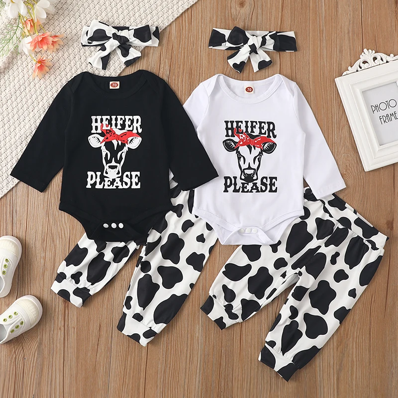 Newborn Baby Long Pants Outfits, Long Sleeve Letter Printed Romper + Cow Skin Pattern Pants + Cute Headband Set
Newborn Baby Long Pants Outfits, Long Sleeve Letter Printed Romper + Cow Skin Pattern Pants + Cute Headband Set