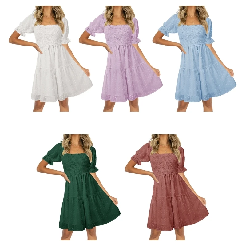 

Womens Square Neck Flounce Short Sleeve Shirred Ruffle Hem Dress Chiffon Dresses 10CD