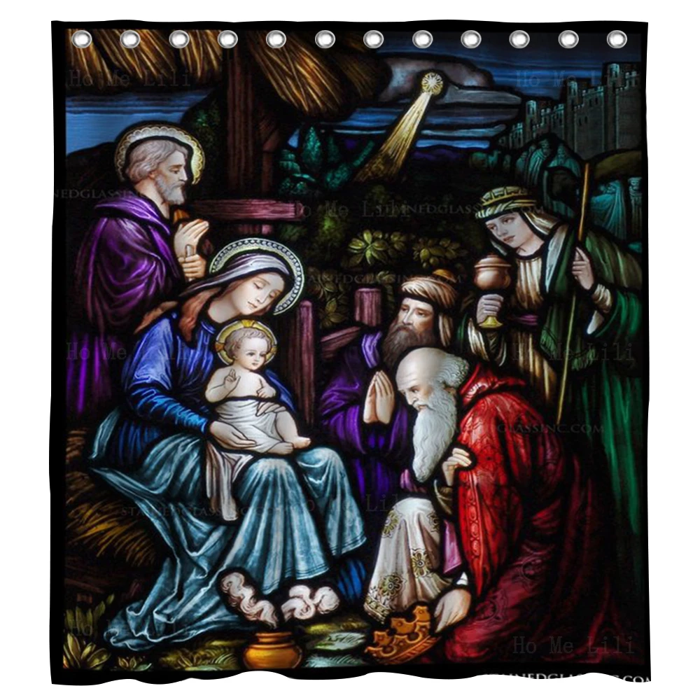 

Adoration Of The Magi Stained Glass Nativity Jesus Sacred Heart Religious Aesthetic Shower Curtain By Ho Me Lili For Bath Decor