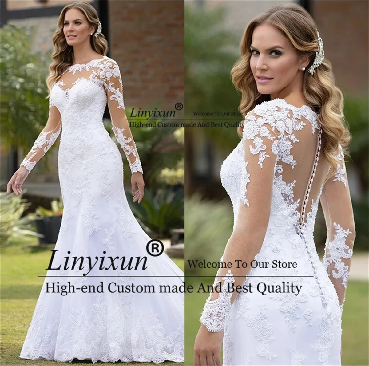 

Sexy Illusion Mermaid Wedding Dress Lace Appliques Robe De Mariée Long Sleeve Bride Gowns Court Train Backless Vestidos De Novia