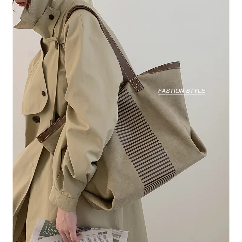 

Simple Fashion Large-capacity Handbag For Ladies Vintage Striped Tote For Female Portable Ol Business Briefcase Korean Style