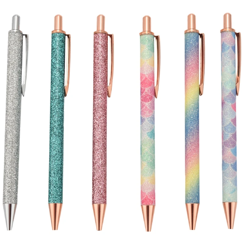 

6 шт. блестящие шариковые ручки, шариковая ручка цвета розового золота, металлическая блестящая ручка, выдвижные черные чернила, средняя точка ручки