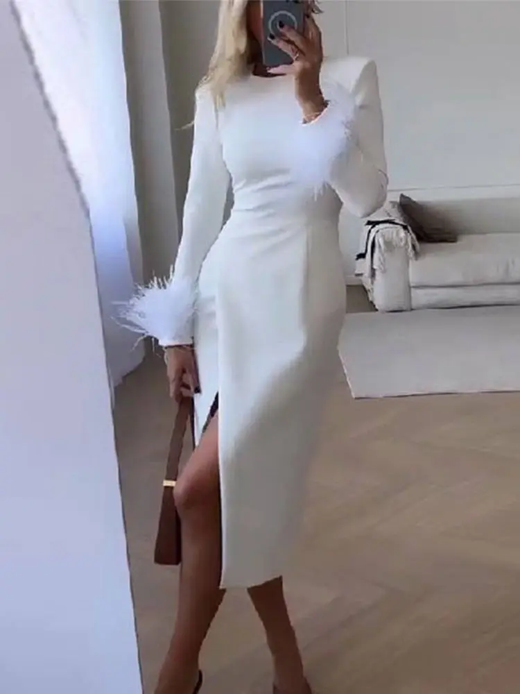 Women White Side Split High Waist Dress Feather Cuff Long Sleeves Sexy Slim Dresses Elegant Evening Party Club Prom Midi Dress
Women White Side Split High Waist Dress Feather Cuff Long Sleeves Sexy Slim Dresses Elegant Evening Party Club Prom Midi Dress