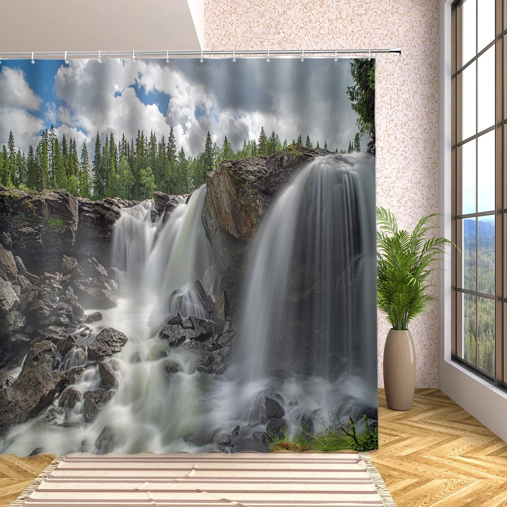 

Jungle Stream Landscape Shower Curtains Green Forest Plant Waterfall Natural Scenery Waterproof Fabric Decor Bathroom Curtains